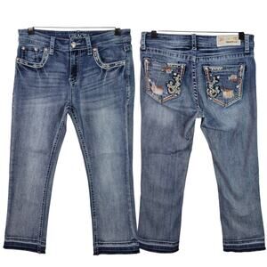 Grace In LA Blue Denim Jeans Distressed Raw Hem Embroidered Pockets Mid Rise 28